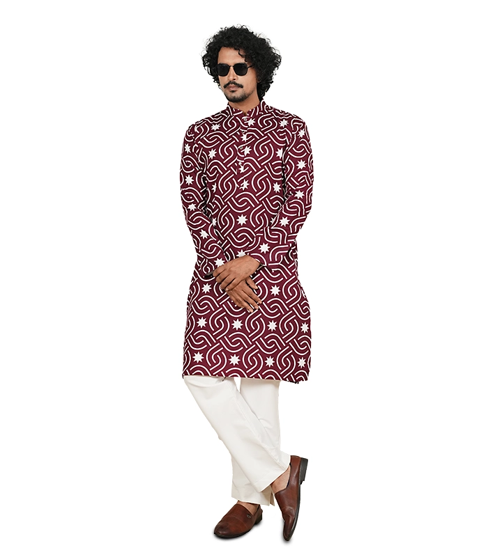 Print Cotton Panjabi-Outfit-Maroon-Akonda Fashion