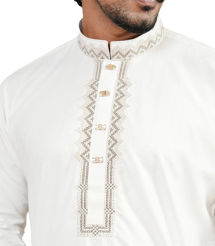 Indian Luxury Panjabi-White-Details